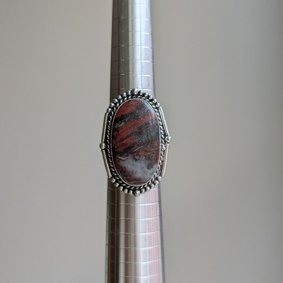 Goth Black Red Sterling Silver Ring Retro Vintage Boho Natural Stone Size 8.75