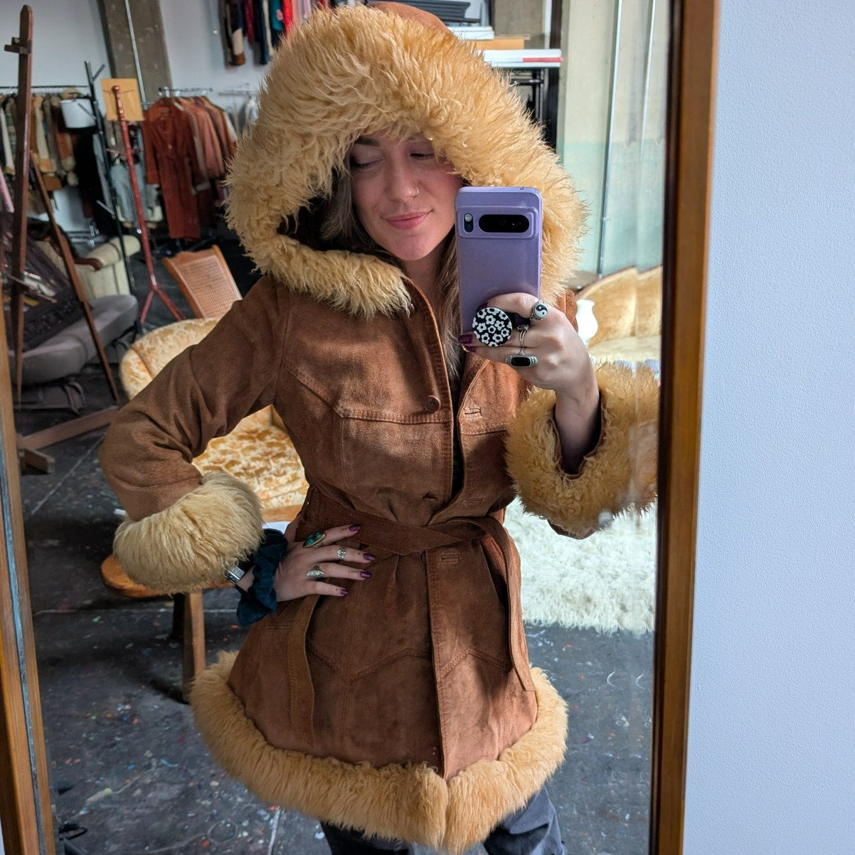 Vintage Brown Suede Coat Penny Lane Jacket Leather Trench Fur Coat Afghan Small