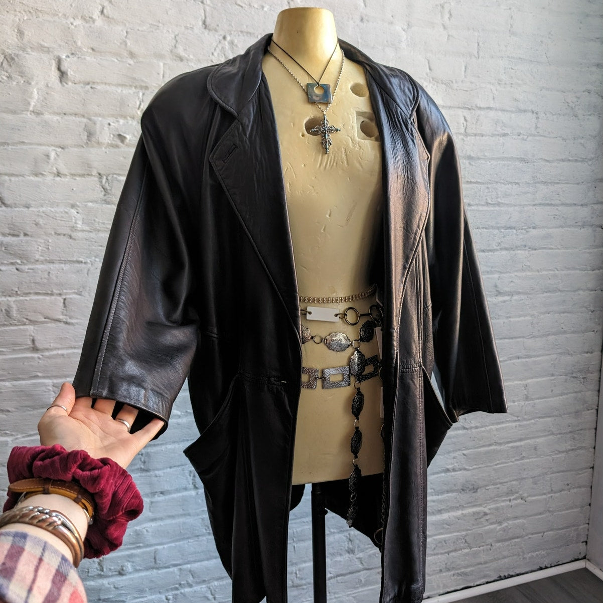 Vintage Minimalist Black Leather Duster Chic Baddie Biker Moto Goth Trench Coat