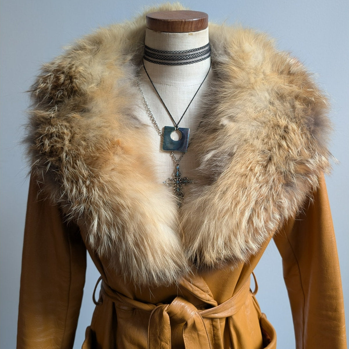 Vintage Mustard Leather Penny Lane Jacket Groovy Fur Trim 70s Trench Coat Medium