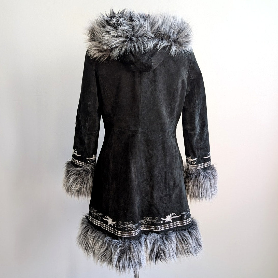 Vintage Black Suede Coat Penny Lane Groovy Faux Fur Jacket Afghan Trench Medium