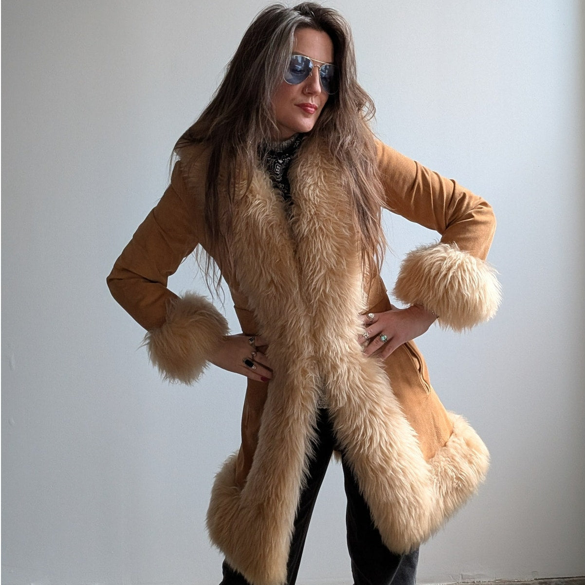 Vintage Tan Brown Suede Penny Lane Jacket Fur Furry Leather Trench Coat Small