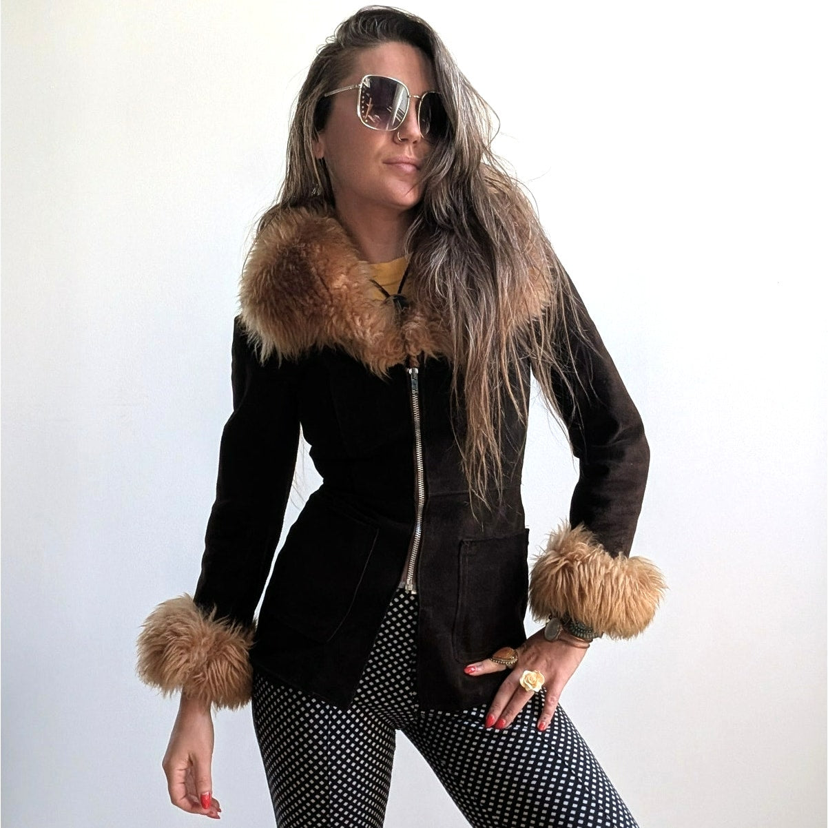 Vintage Brown Suede Penny Lane Jacket Groovy Furry 70s Leather Western Coat Smal