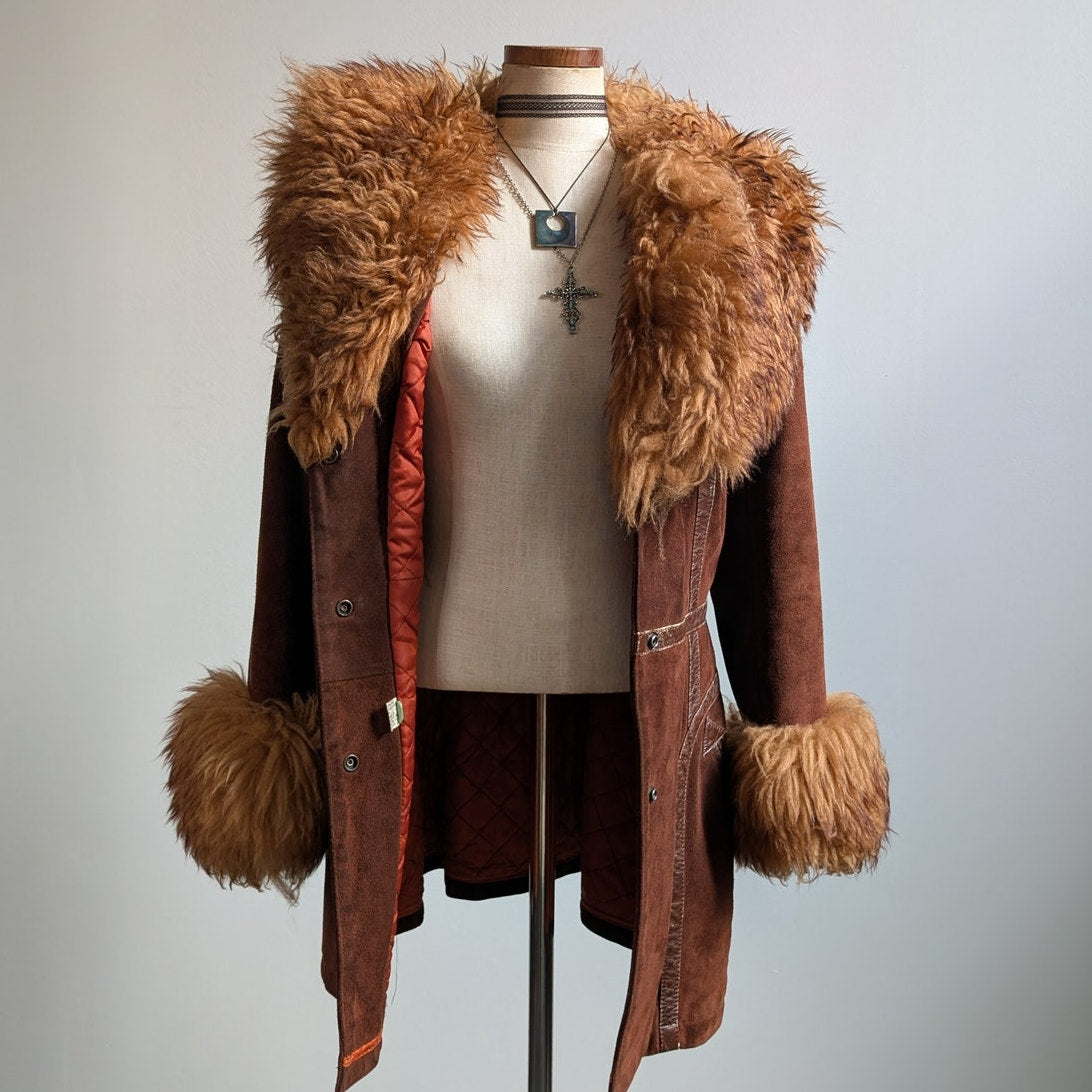 Vintage Brown Suede Penny Lane Jacket Groovy Fur Coat 70s Leather Western Medium