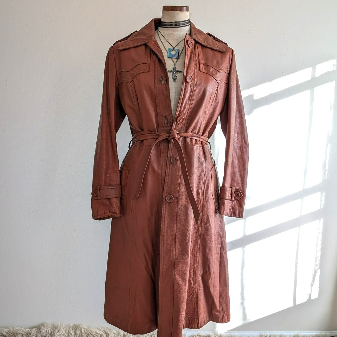 Vintage 70s Orange Brown Leather Trench Coat M Belted Western Boho Duster Jacket