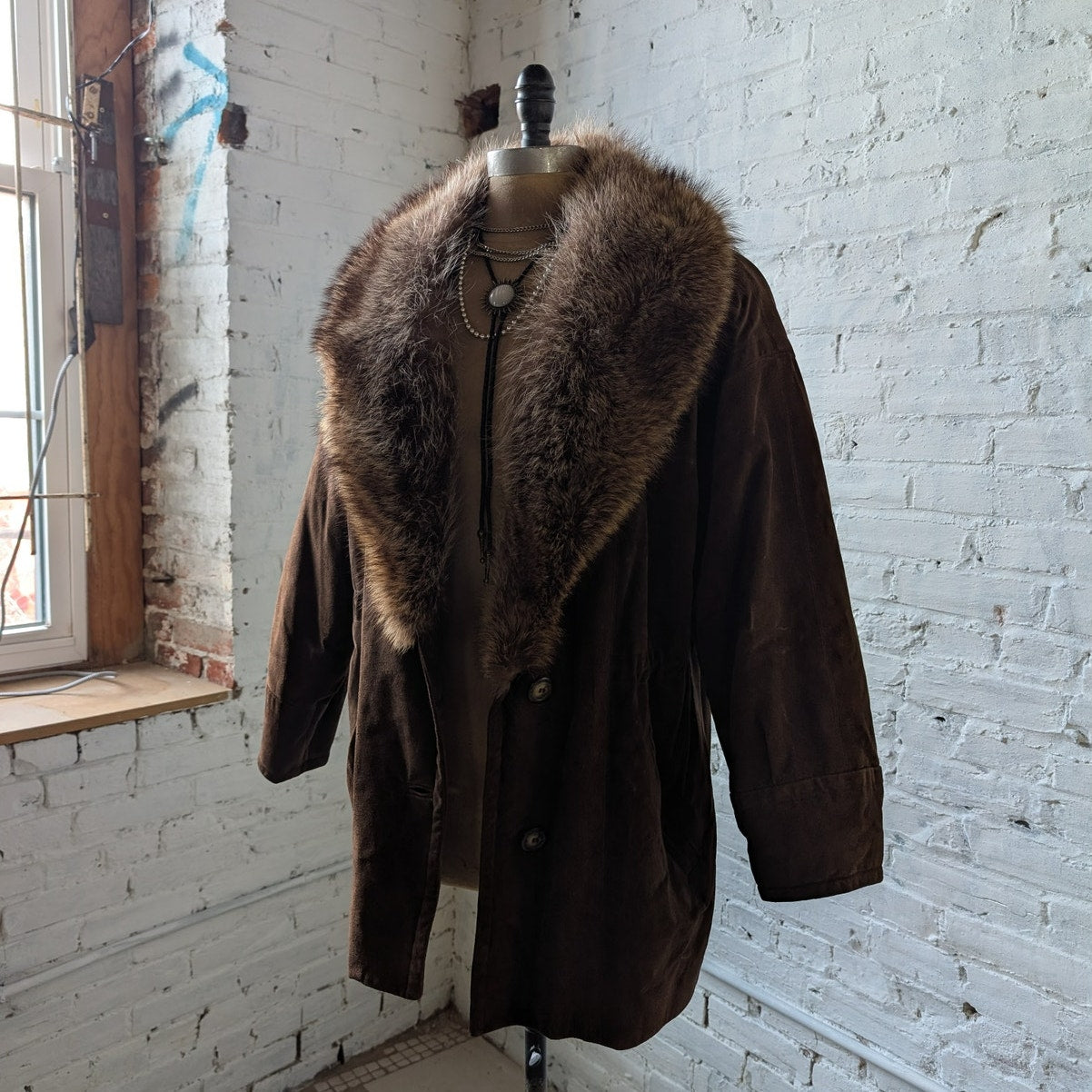 Vintage Brown Suede Coat Fur Trim Genuine Leather Minimalist Mini Trench Jacket