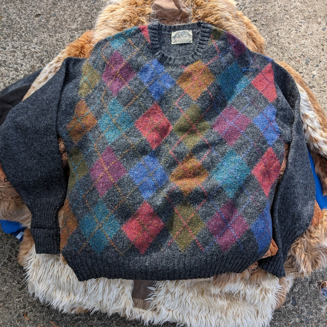 Vintage Grey Wool Knit Argyle Grandpa Sweater Grunge Cottage Dark Academia Top