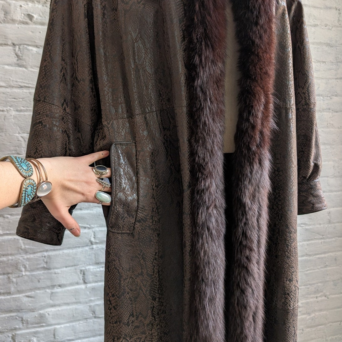 Vintage Black Leather Snakeskin Trench Coat Minimalist Penny Lane Fox Fur Jacket