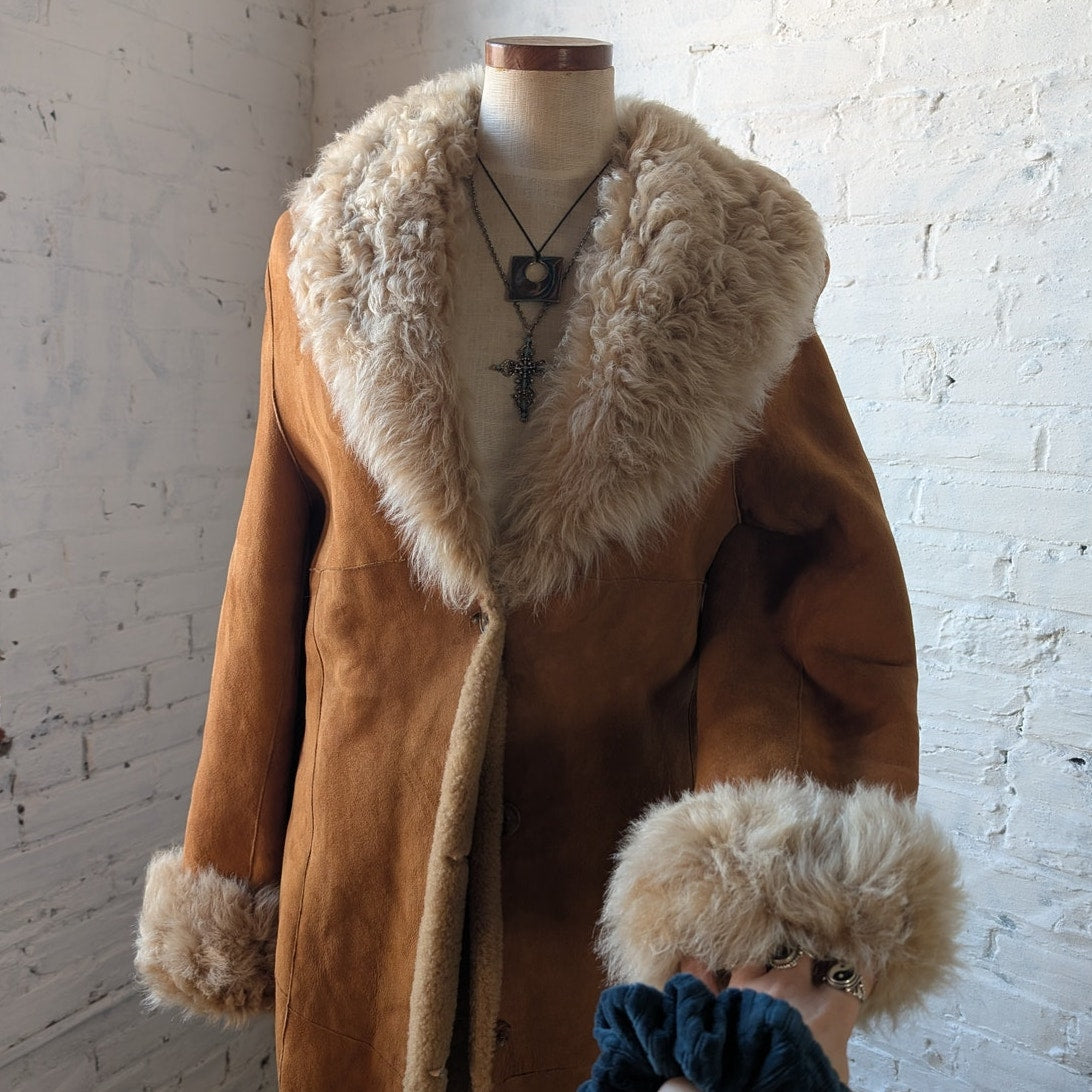 Vintage Orange Suede Penny Lane Fur Jacket Groovy Boho Furry Western Trench Coat