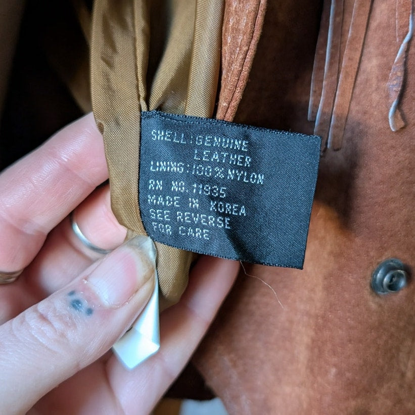 Vintage Rust Orange Brown Suede Leather Jacket Fringe Biker Western Moto Coat