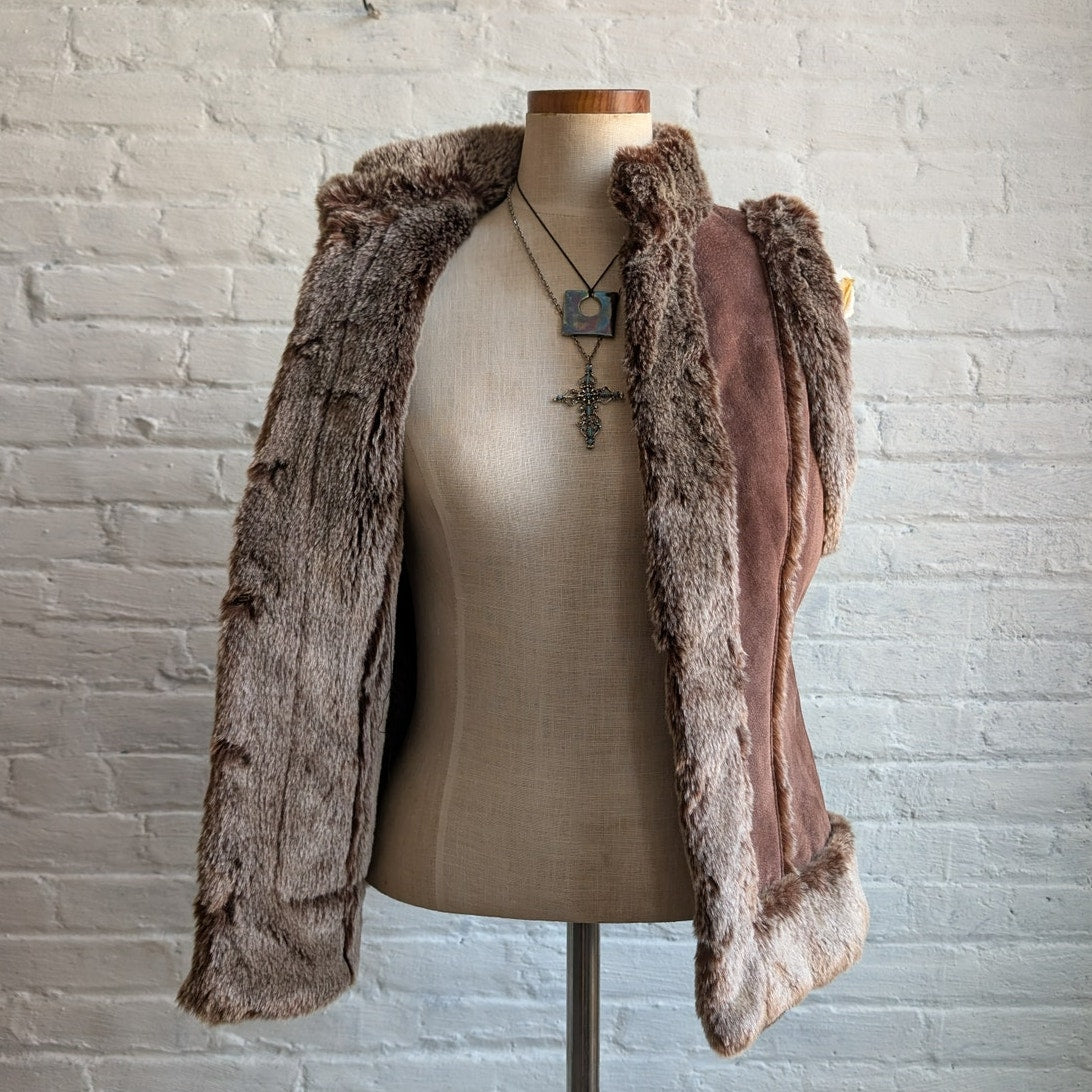 Y2K Vintage Brown Suede Fur Vest Penny Lane Fuzzy Leather Groovy Boho Moto Coat
