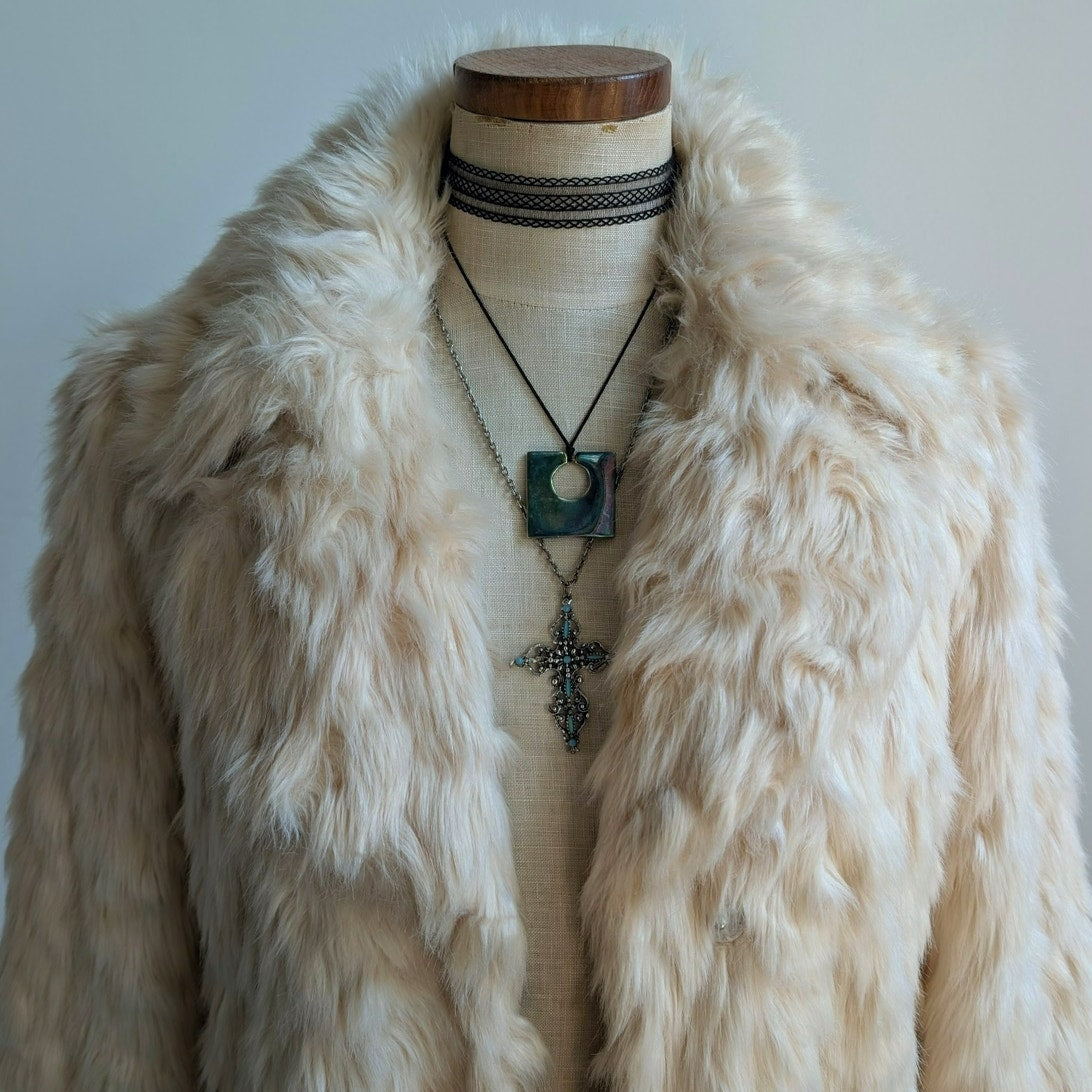 White Shaggy Faux Fur Trench Coat Cream Furry Penny Lane 70s Afghan Jacket Small