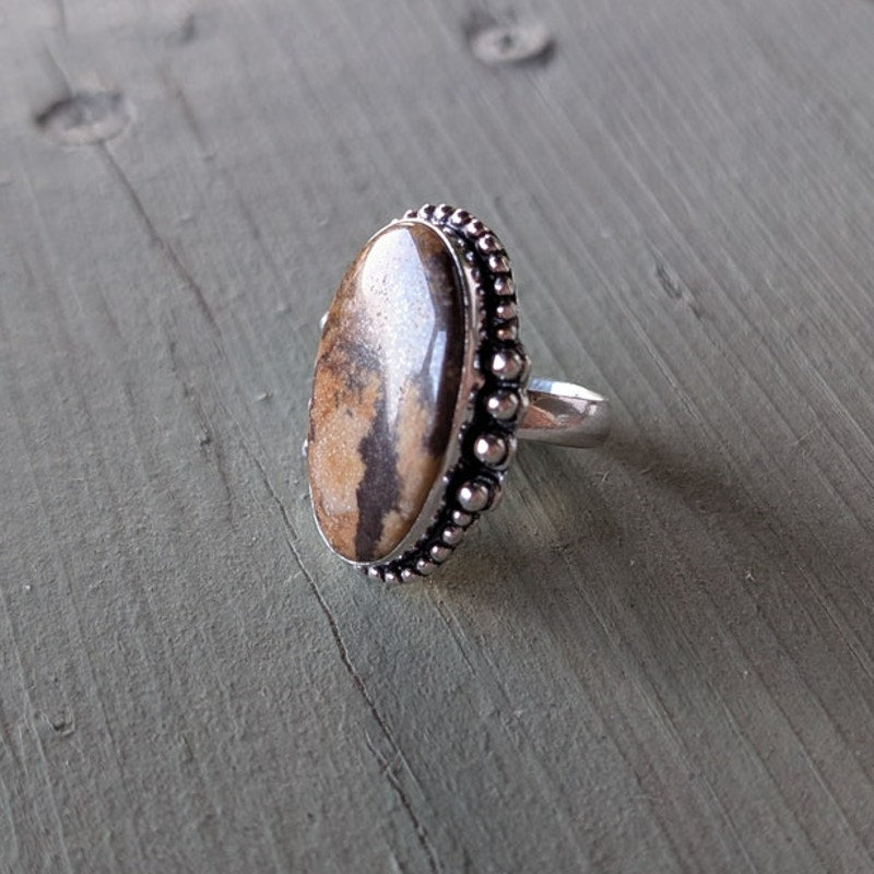 Oval Brown Yellow Sterling Silver Ring Retro Vintage Boho Natural Stone Size 7
