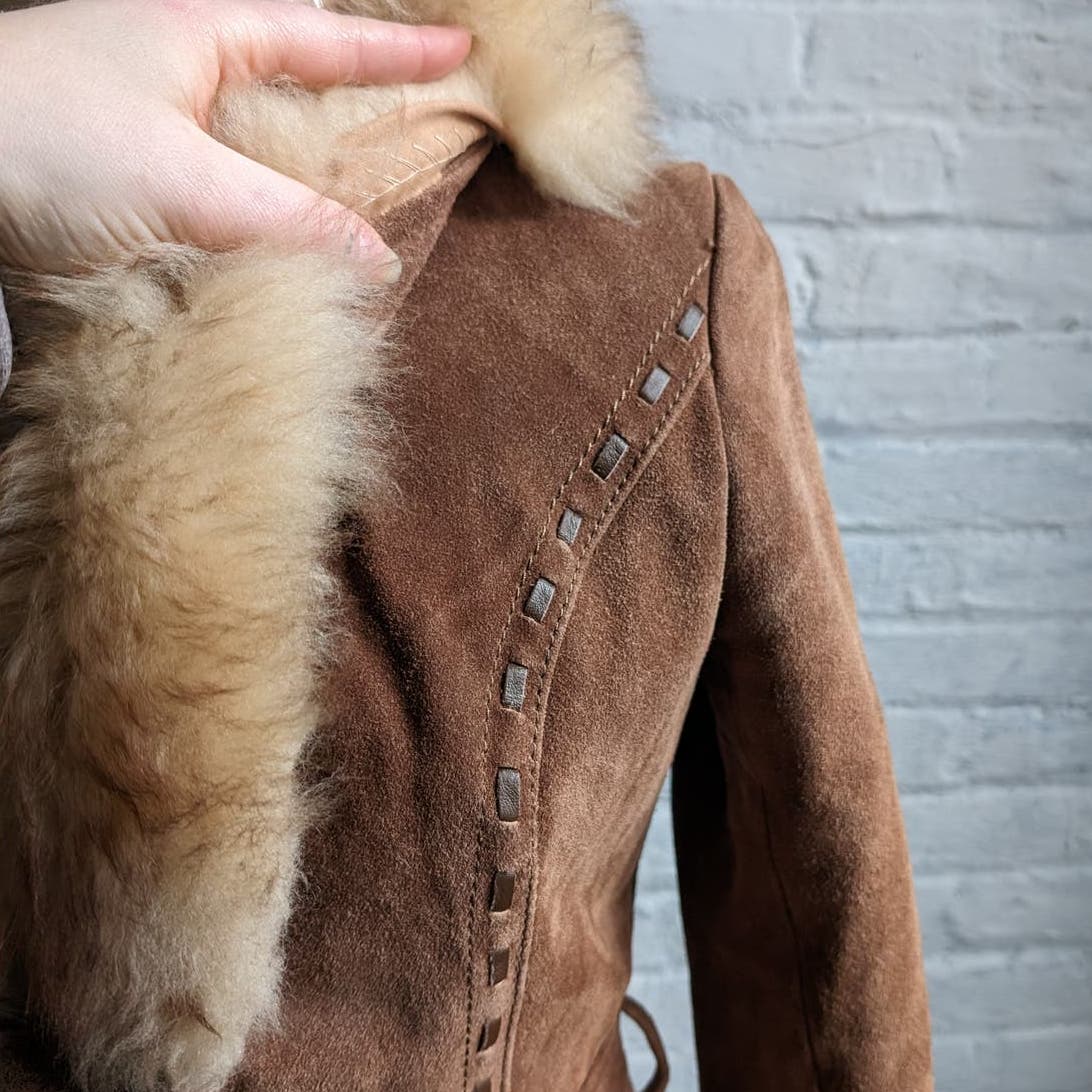 70s Penny Lane Groovy Suede Fur Jacket Furry Genuine Leather Mod Trench Coat