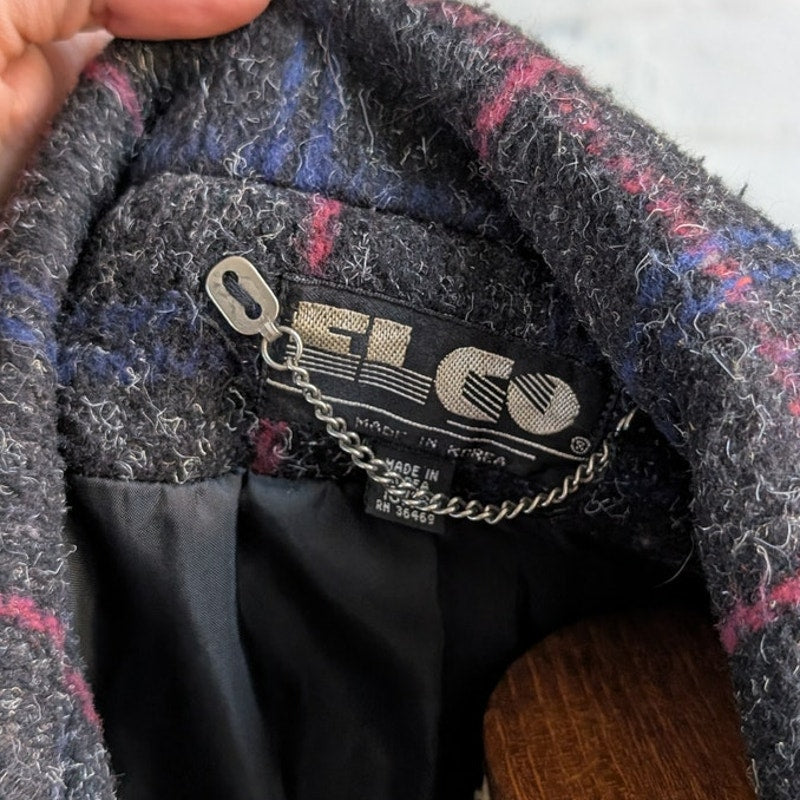 Vintage Black Fuzzy Wool Trench Coat Preppy Plaid Grandpa Sweater Leather Jacket