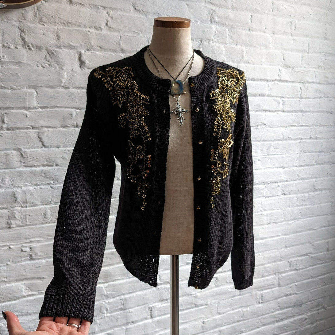 Vintage Black Knit Cardigan Gold Beaded Sweater Glam Goth Granny Chic Top Small