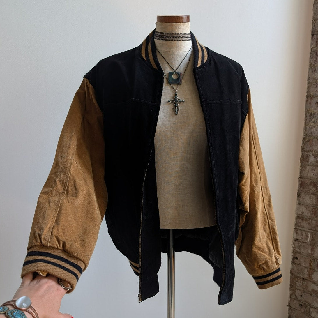Vintage Black Leather Bomber Jacket Brown Suede Jacket Y2K Varsity Preppy Large