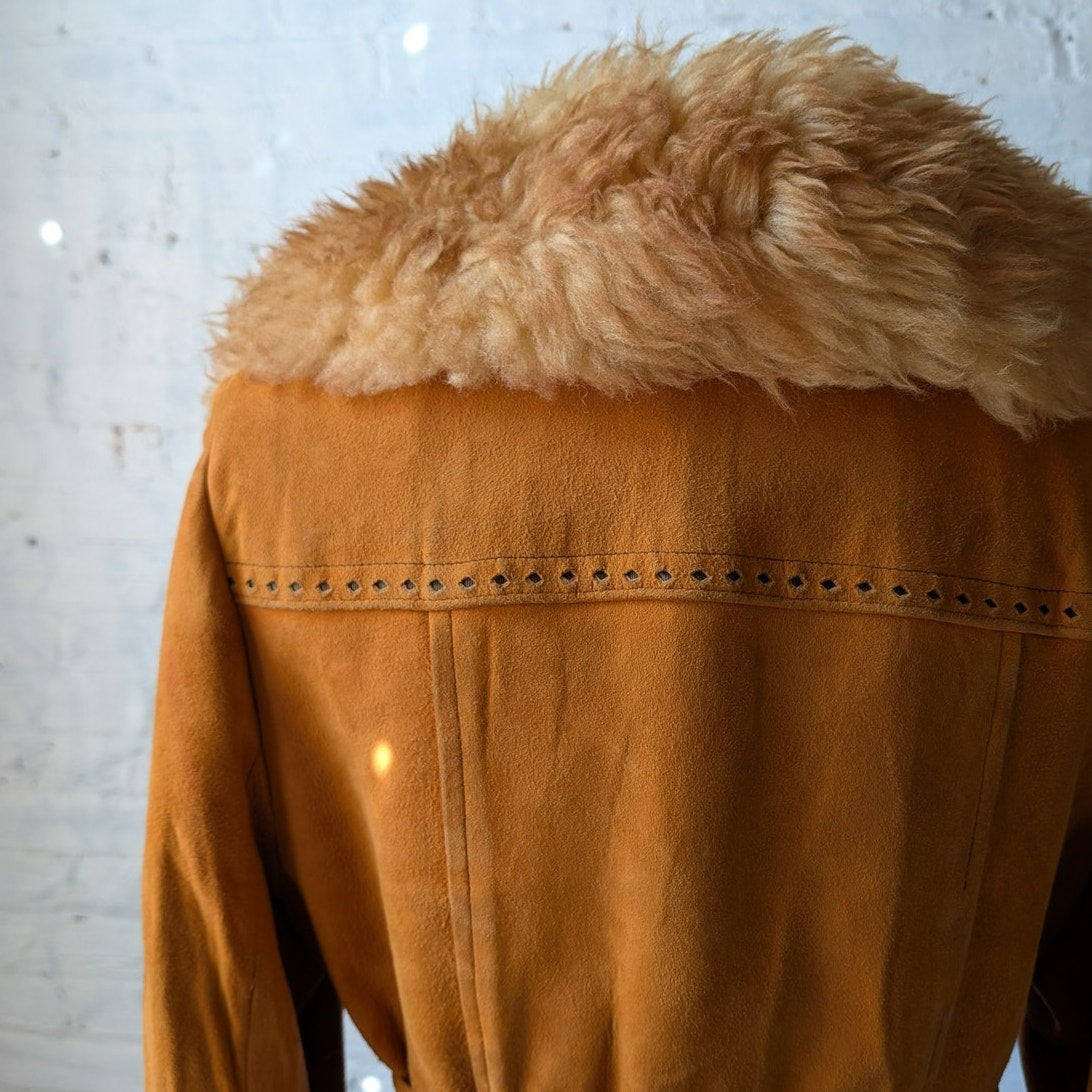 Vintage Orange Suede Penny Lane Jacket Leather Trench Coat Faux Fur Coat Large