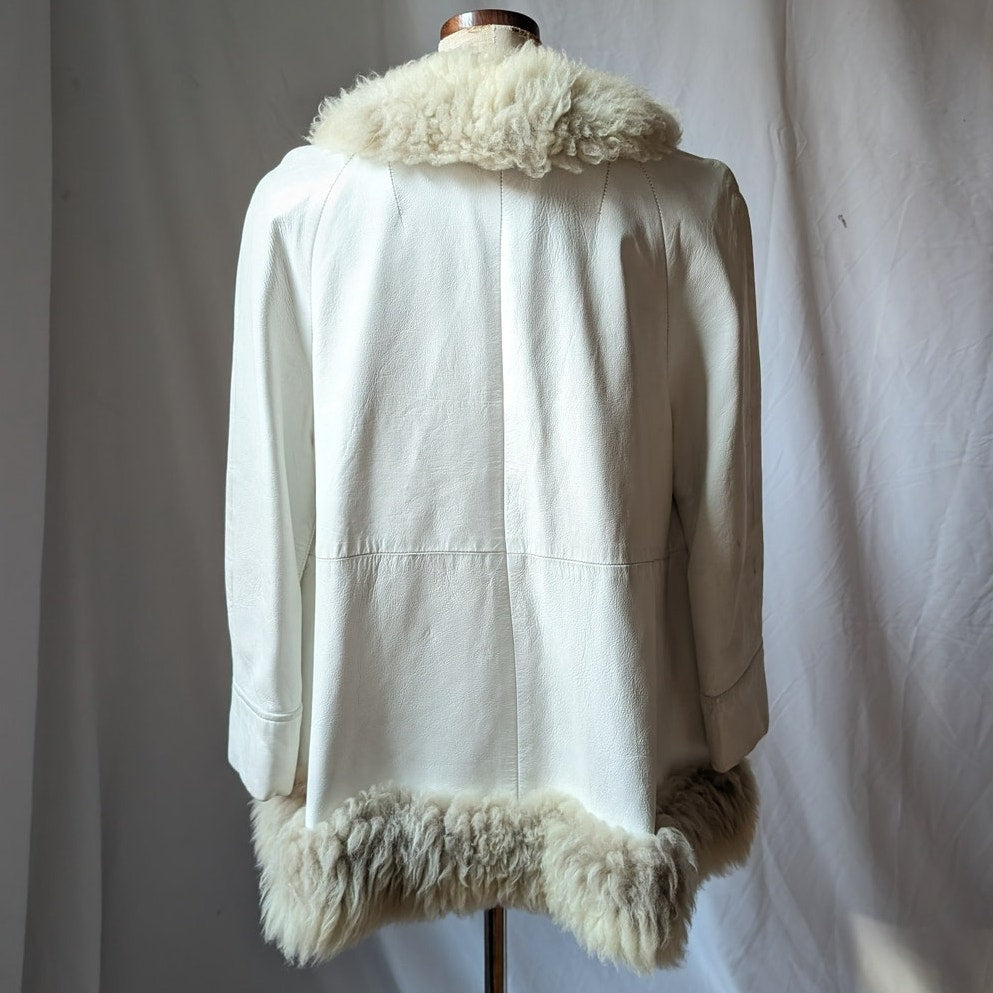 70s White Leather Penny Lane Coat L Vintage Afghan Jacket Boho Wedding Fur Coat