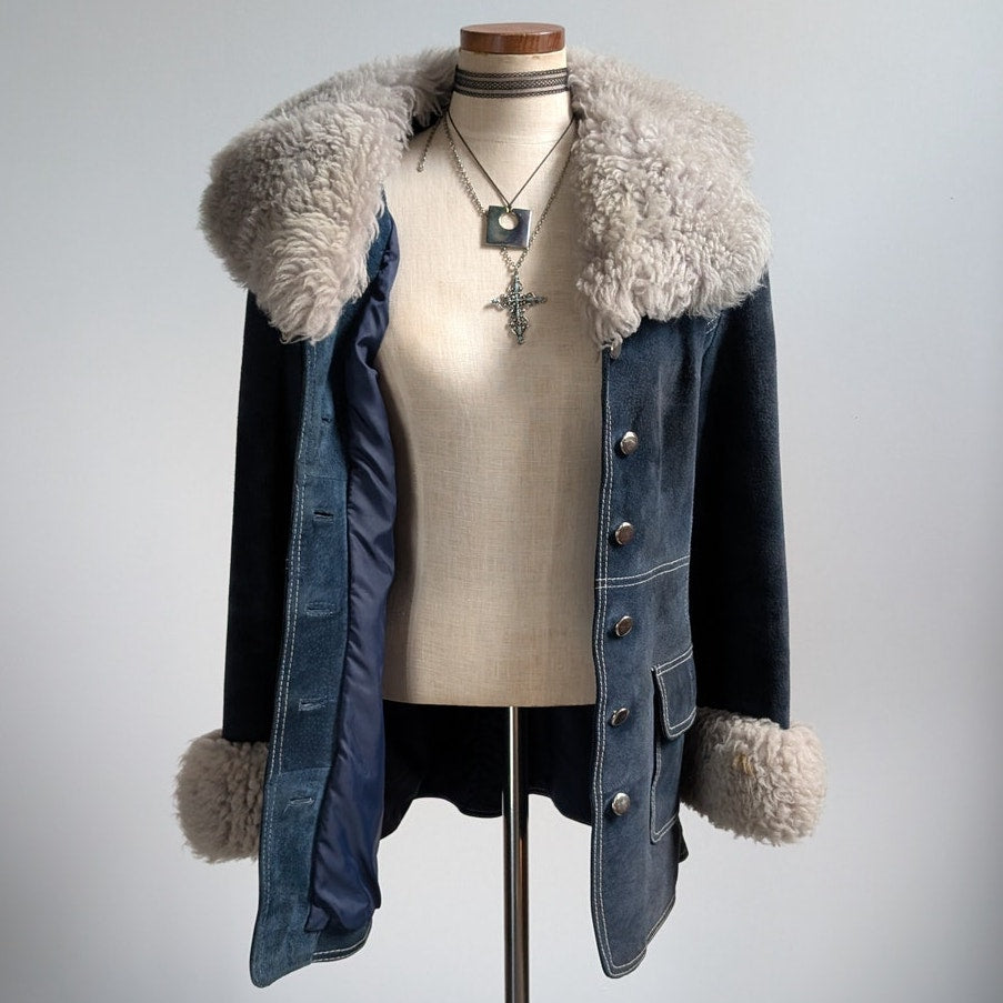 70s Vintage Blue Suede Penny Lane Fur Coat Leather Jacket Trench Boho Medium
