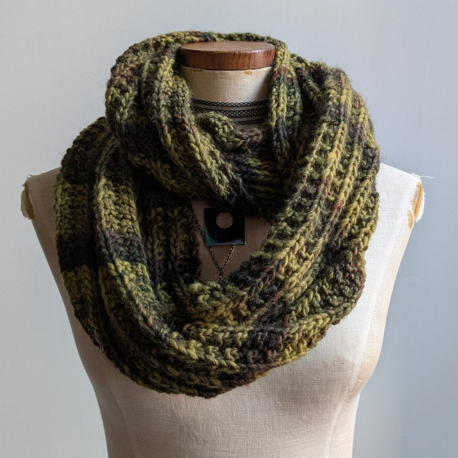 Vintage Chunky Knit Green Striped Scarf Earthy Jewel Tone Grunge Handknit Wrap