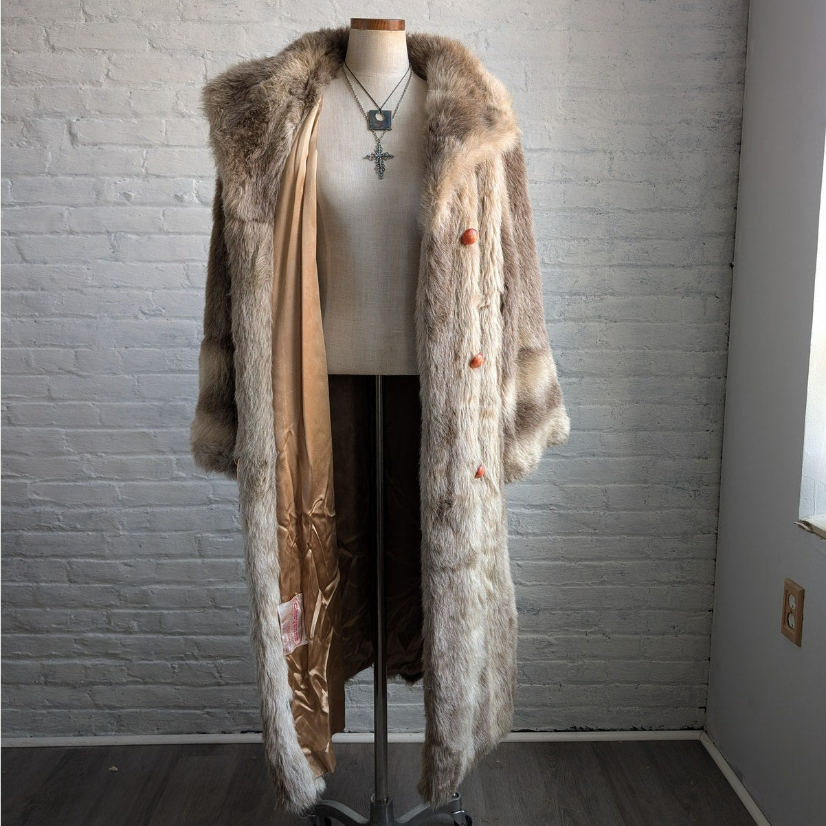 Vintage Neutral Brown Faux Fur Trench Coat Mob Wife Fuzzy Glam Plush Boho Jacket