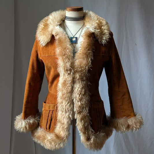 70s Vintage Orange Suede Coat S Faux Fur Trim Red Leather Jacket Penny Lane Coat