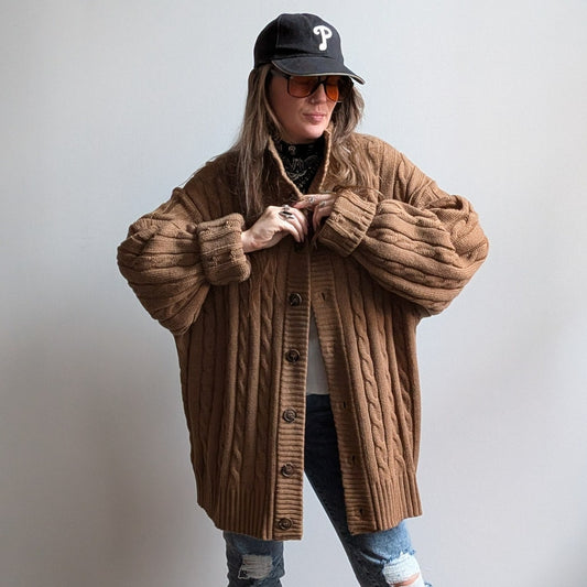 Vintage Brown Cable Knit Cardigan Chunky Grandpa Cosby Sweater Minimalist XL