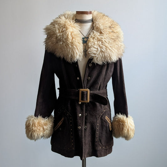 Vintage 70s Brown Suede Jacket Penny Lane Coat Shearling Fur Trim Western Small