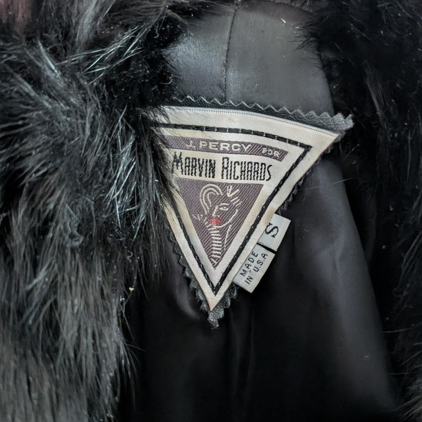 Vintage Black Leather Penny Lane Jacket Fur Trim Goth Afghan Trench Coat Small