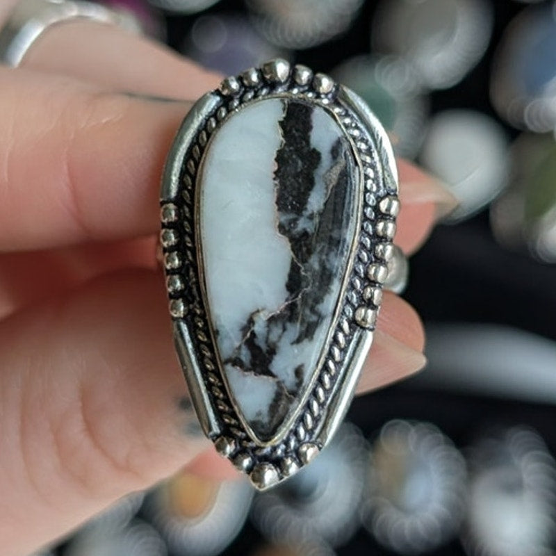 Dark Romance Black White Sterling Silver Ring Retro Vintage Boho Stone Size 7