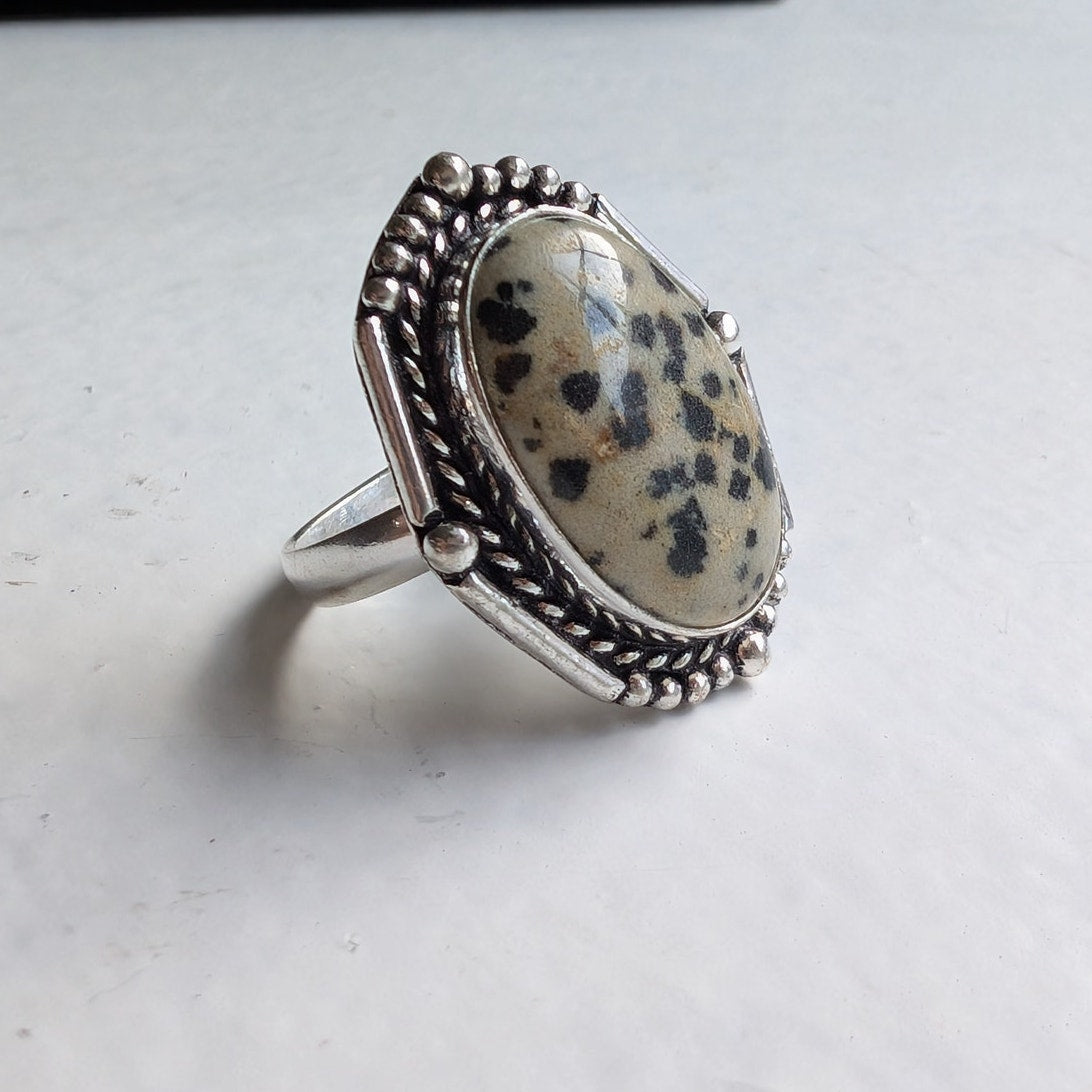 White Cowprint Sterling Silver Ring Retro Vintage Boho Natural Stone Size 8.75