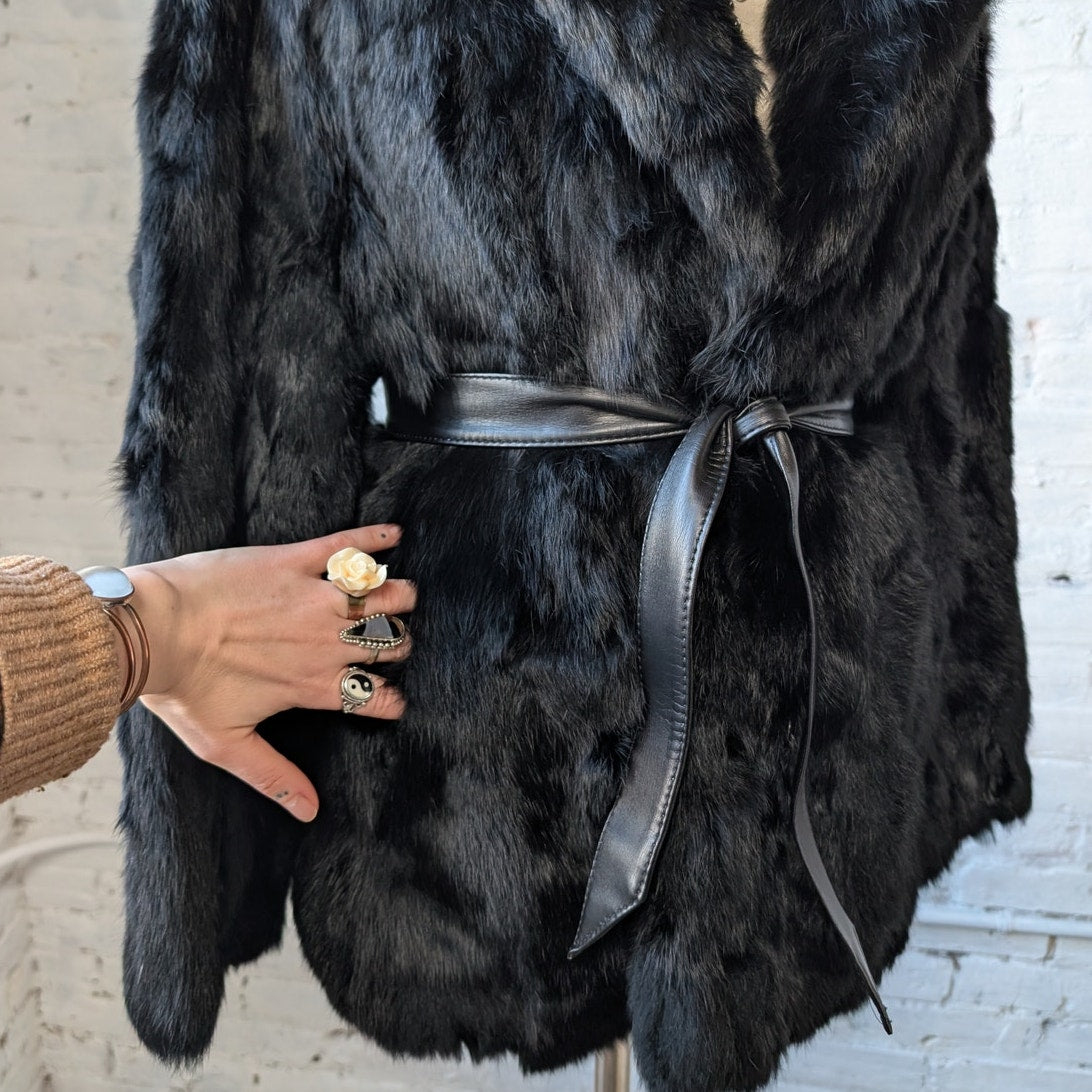 Vintage Jet Black Fur Coat Leather Belted Minimalist Rabbit Furry Fuzzy Jacket