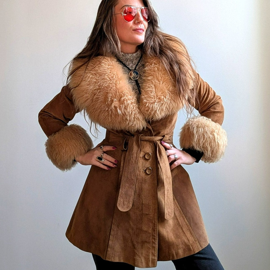 Vintage Brown Suede Fur Coat Boho Tan Leather Penny Lane Jacket Fur Trim Small