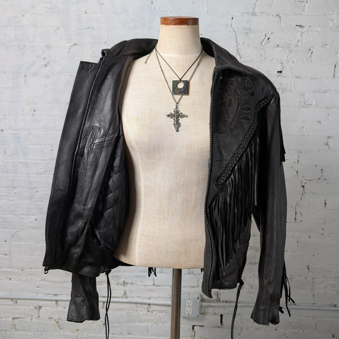 Vintage Black Leather Biker Fringe Jacket Moto Western Velvet Goth Coat Large