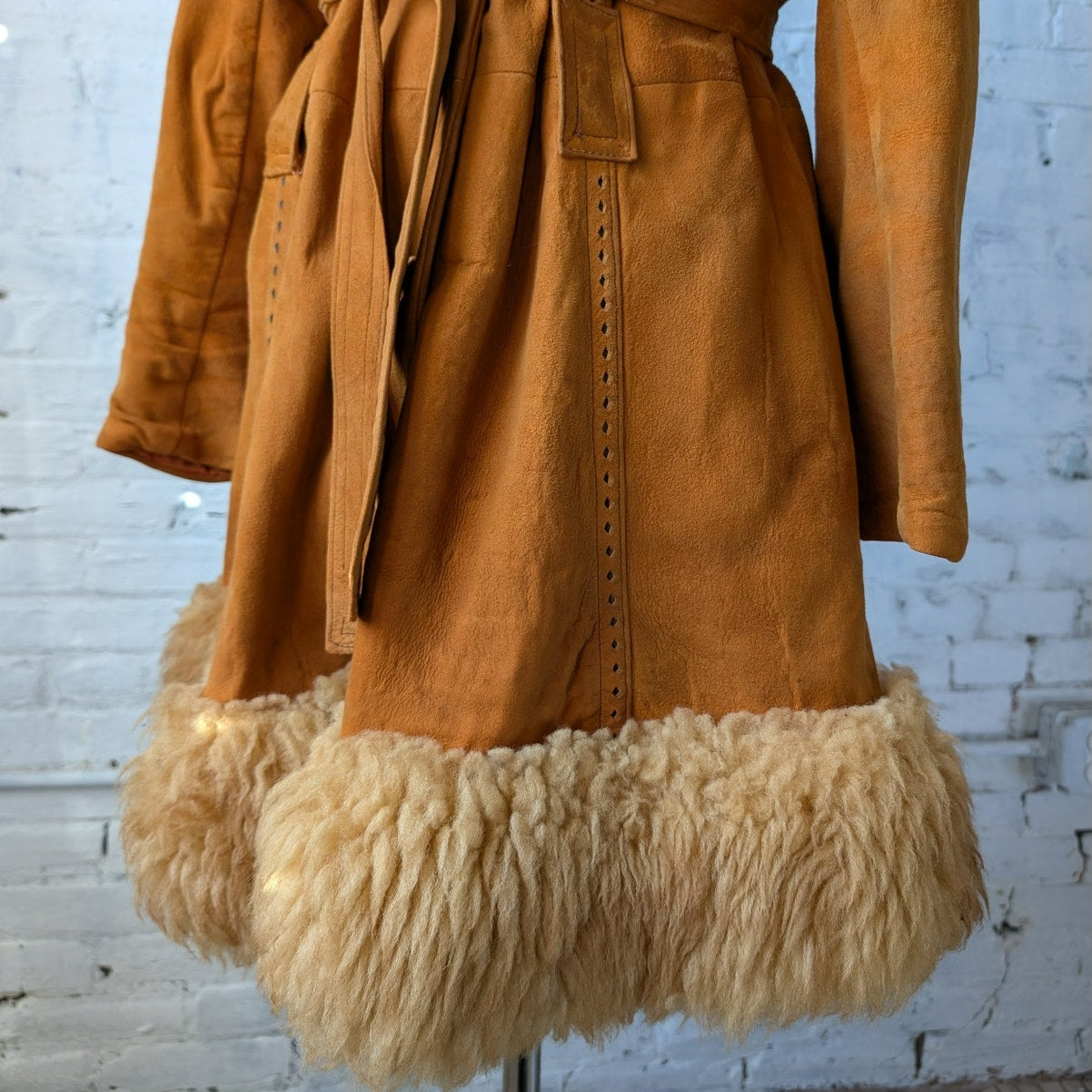 Vintage Orange Suede Penny Lane Jacket Leather Trench Coat Faux Fur Coat Large