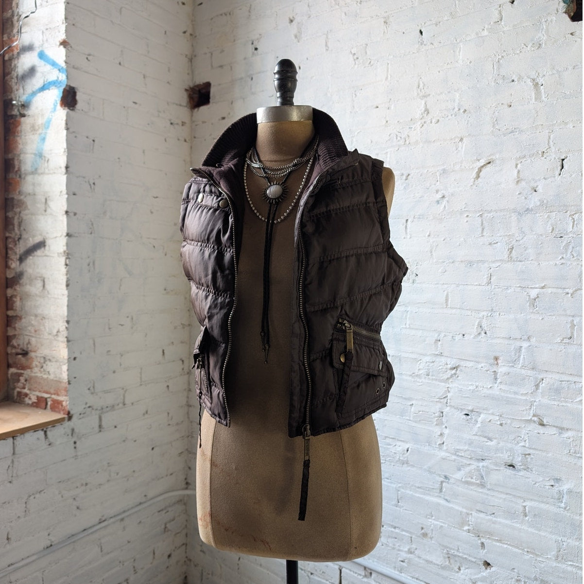 Y2K Dark Chocolate Brown Puffer Vest Quilted Cropped Thermal Zip Up Jacket Top