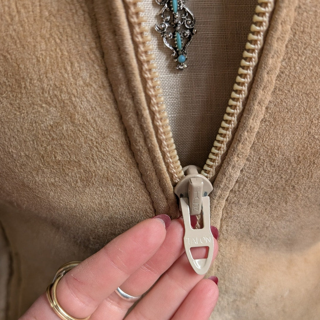 Vintage Tan Suede Shearling Coat Brown Wool Jacket Boho Chic Fur Coat Hood XS