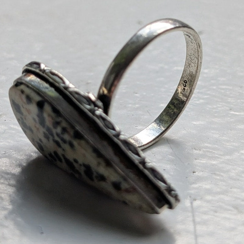 Cream Spotted Boho Statement Ring Sz 9.5 Sterling Silver Vintage Southwest Oval