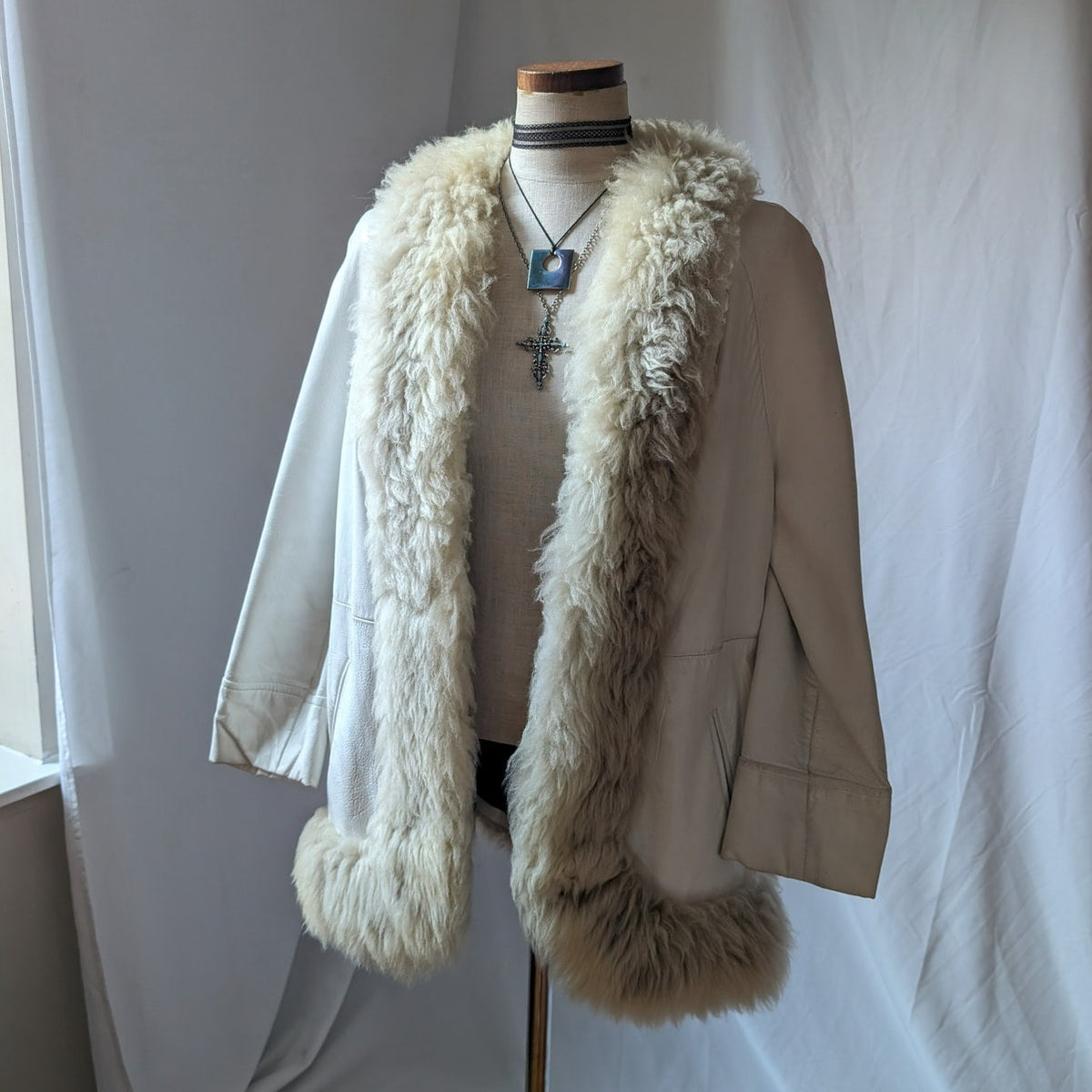 70s White Leather Penny Lane Coat L Vintage Afghan Jacket Boho Wedding Fur Coat