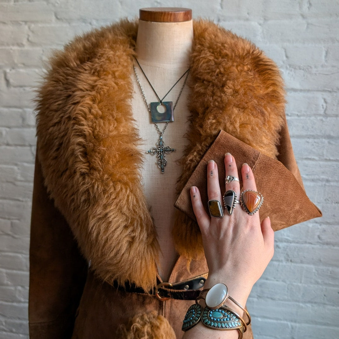 Vintage Brown Suede Penny Lane Jacket Fur Furry Leather Groovy Mod Trench Coat
