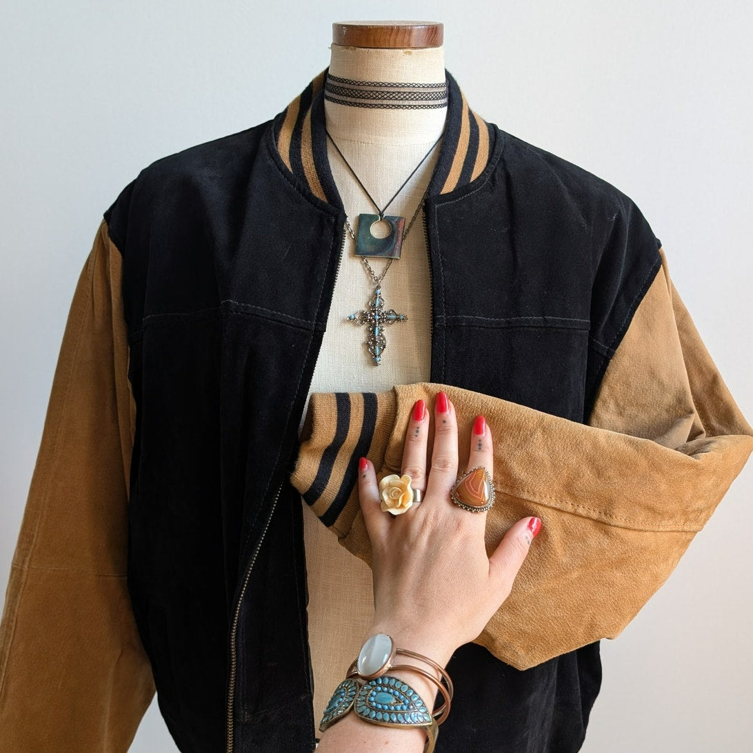Vintage Black Leather Bomber Jacket Brown Suede Jacket Y2K Varsity Preppy Large