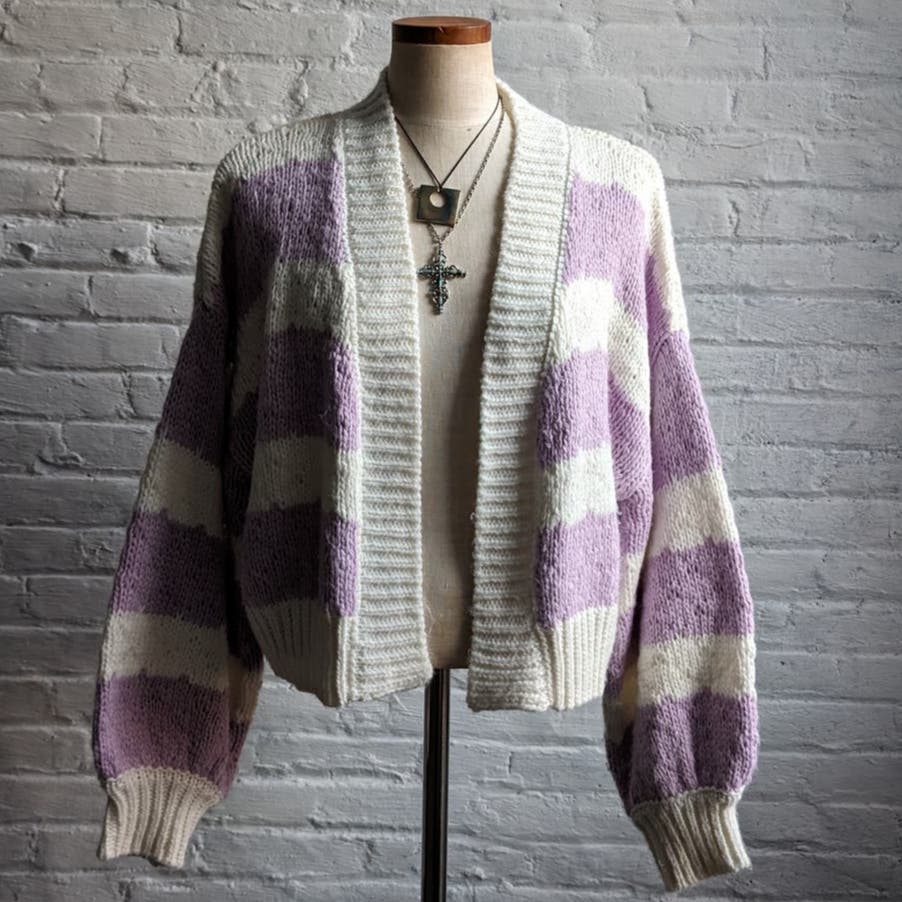 Vintage Pastel Chunky Knit Striped Cardigan Purple Y2K Kawaii Fairycore Sweater