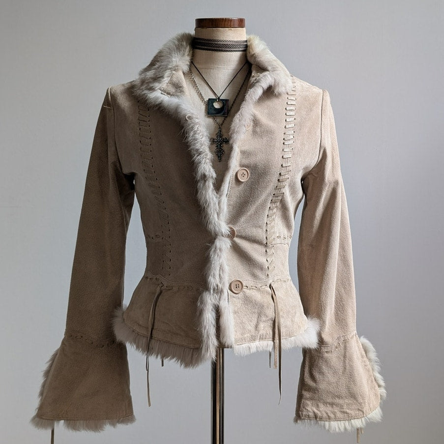 Vintage Tan Suede Penny Lane Coat Neutral Leather Fur Trim Boho Chic Coat Small