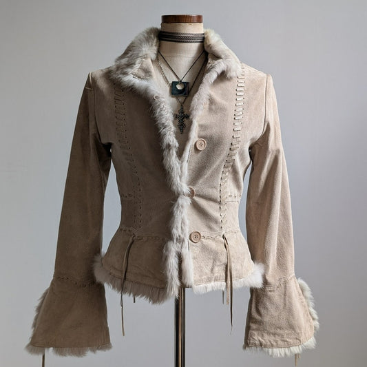 Vintage Tan Suede Penny Lane Coat Neutral Leather Fur Trim Boho Chic Coat Small