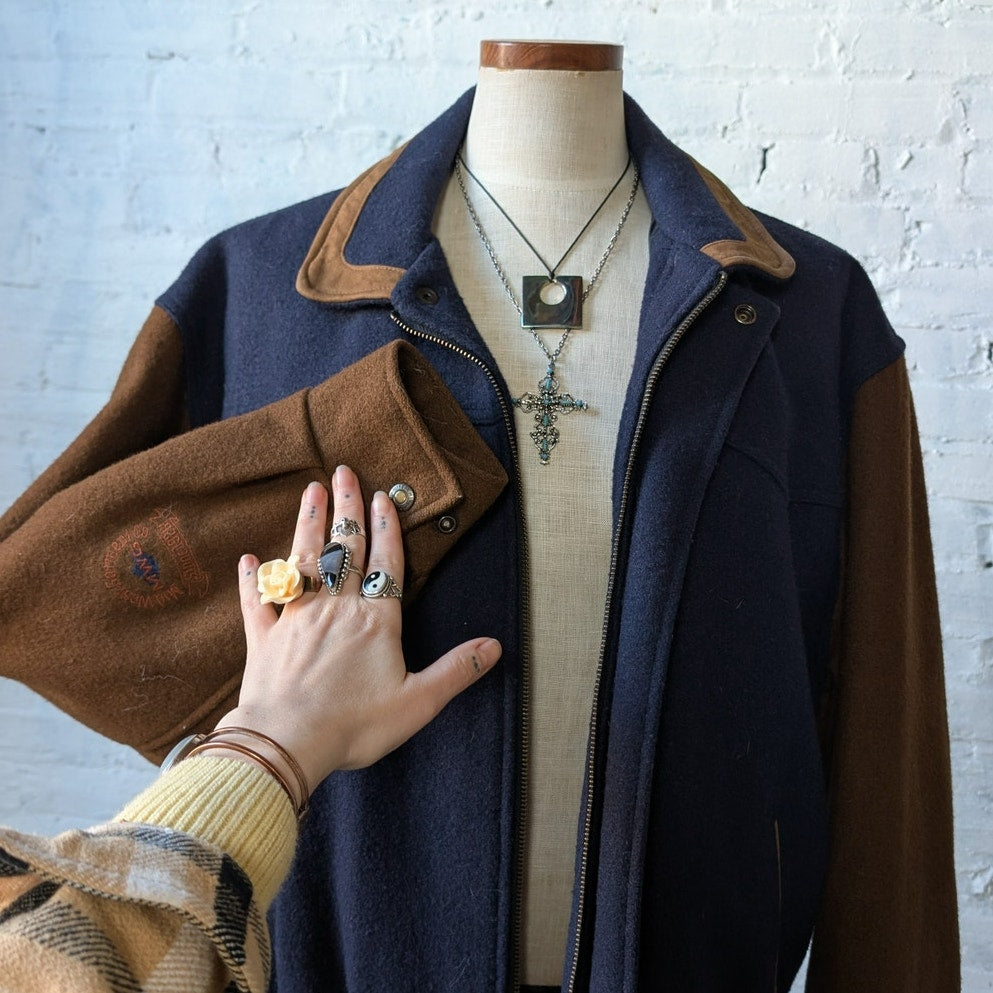 Vintage Navy Wool Leather Bomber Jacket Brown Varsity Western Utility Coat Large