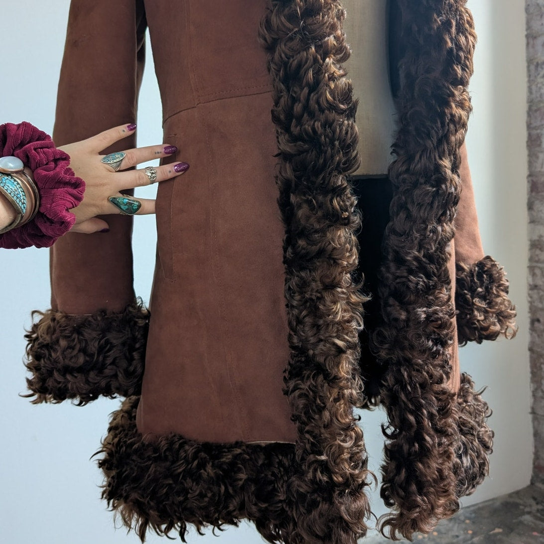 Vintage Brown Suede Penny Lane Afghan Trench Coat Fur Trim Leather Jacket Large