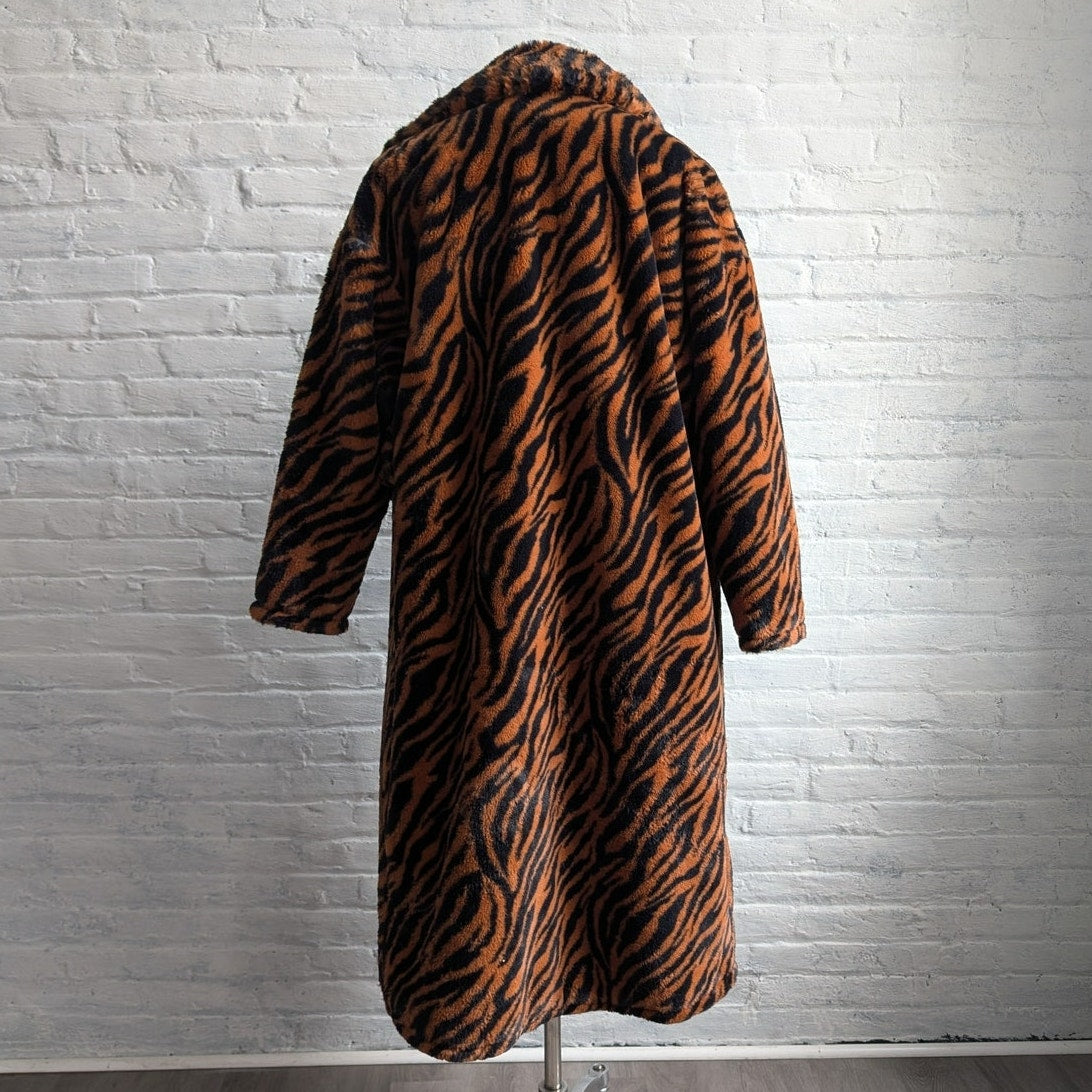 Y2K Orange Cheetah Faux Fur Trench Coat Striped Animal Print Fuzzy Furry Jacket