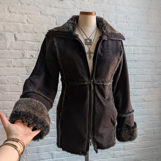 Vintage Black Faux Fur Afghan Penny Lane Jacket Shaggy Furry Boho Trench Coat