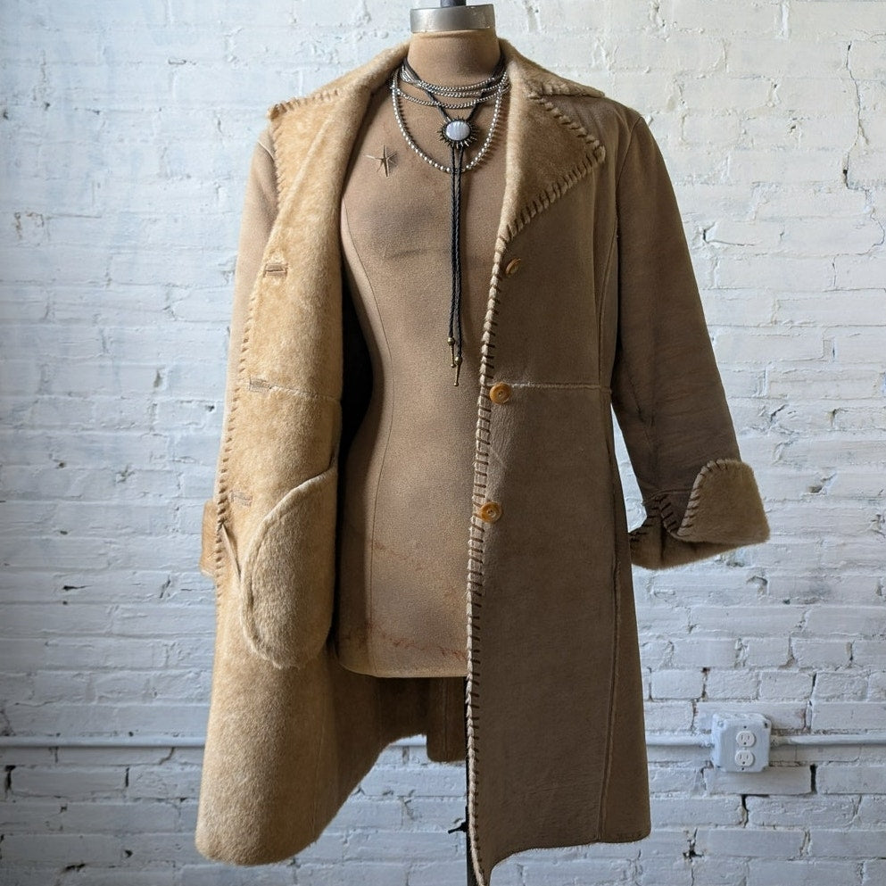 Vintage Neutral Tan Suede Leather Duster Groovy Boho Faux Fur Trench Coat Jacket